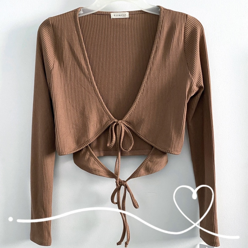 Occasion (juniors) double tie ribbed stretchy crop top, tan
